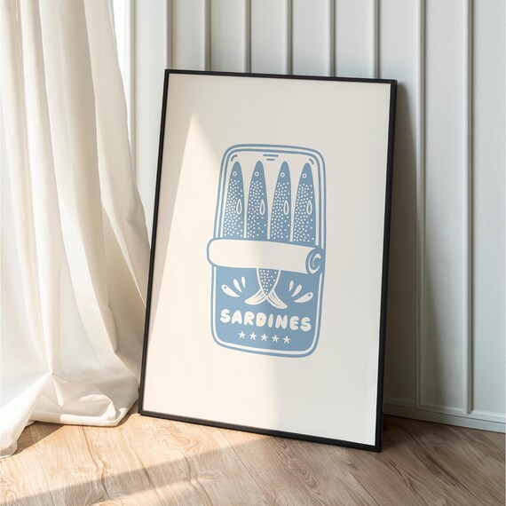 Retro Blue Sardine Tin Label Can Coastal Kitchen Decor Wall Art