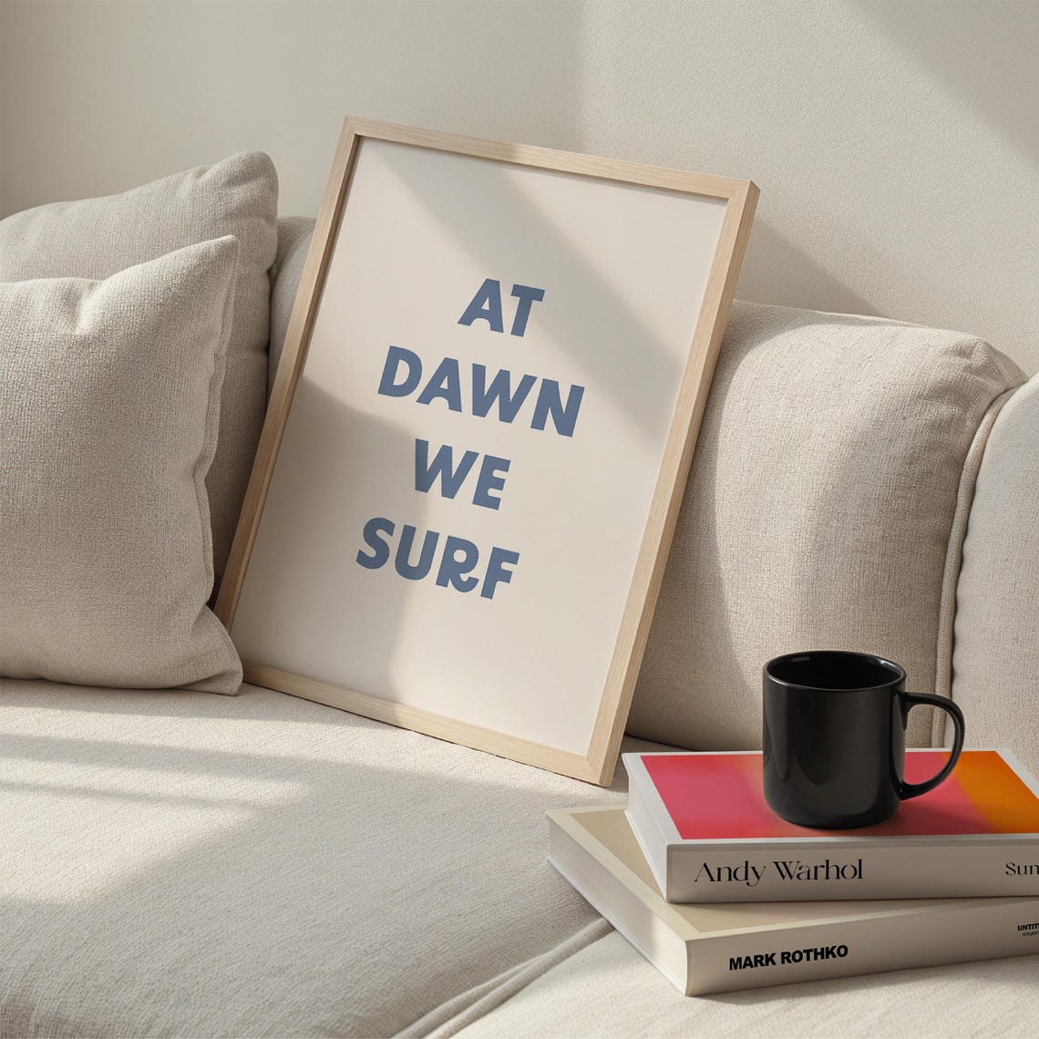 At Dawn We Surf Bold Blue Typography Coastal Surf Quote Poster