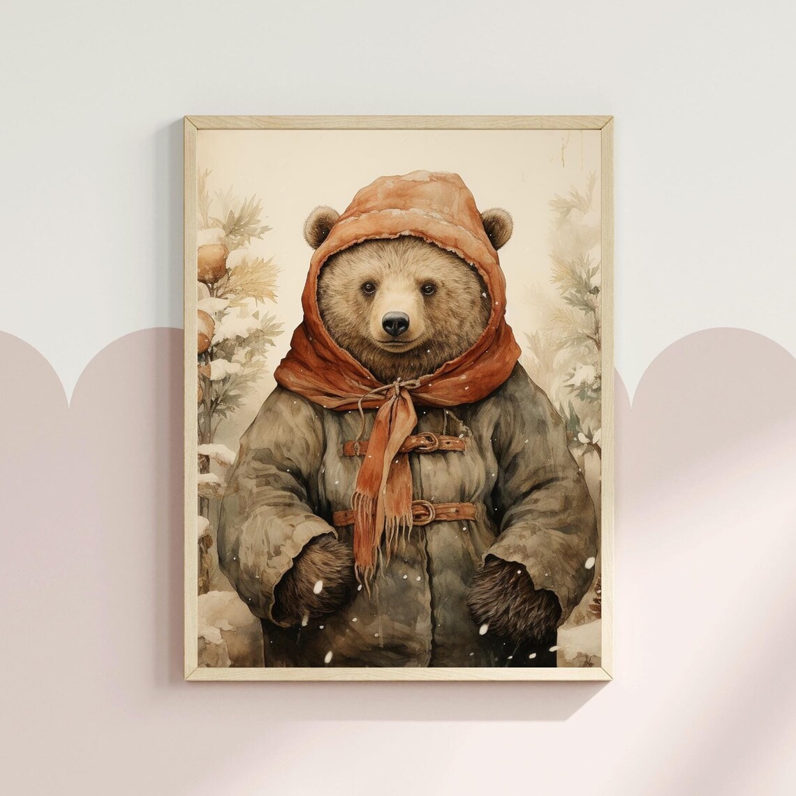 Brown Bear In Winter Coat Orange Hood Snowy Forest Nursery Art Poster