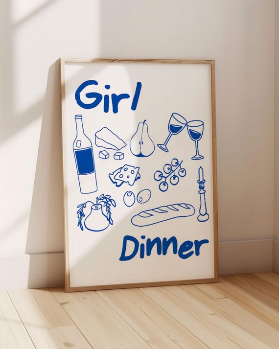 Girl Dinner Print Cute Kitchen Wall Art Trendy Food Poster Retro Home Decor Foodie Gifts Charcuterie Wine And Cheese Print Best Friend Gifts