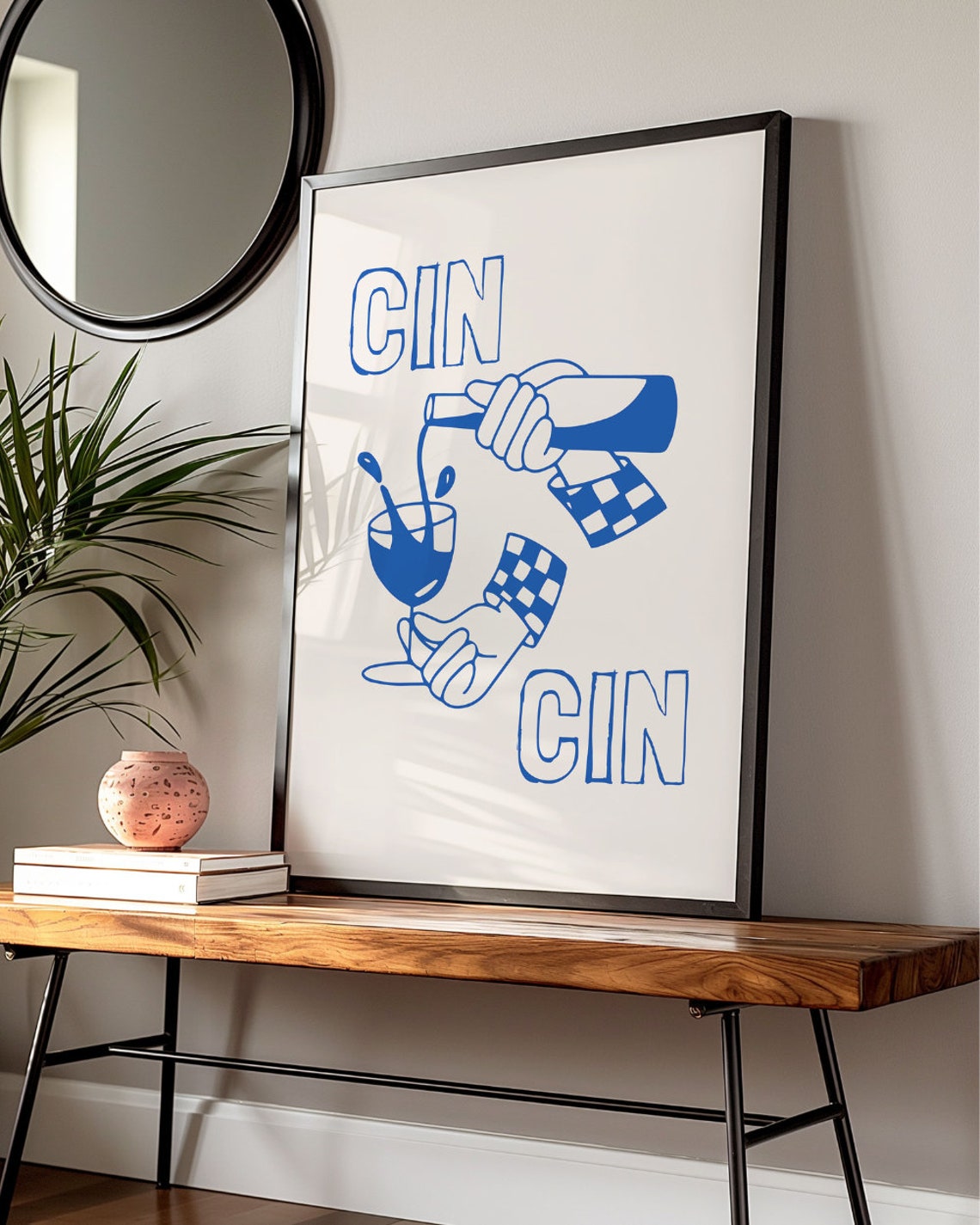 Cin Cin Cheers Wine Pour Blue Line Art Kitchen Bar Cart Poster - Image 2