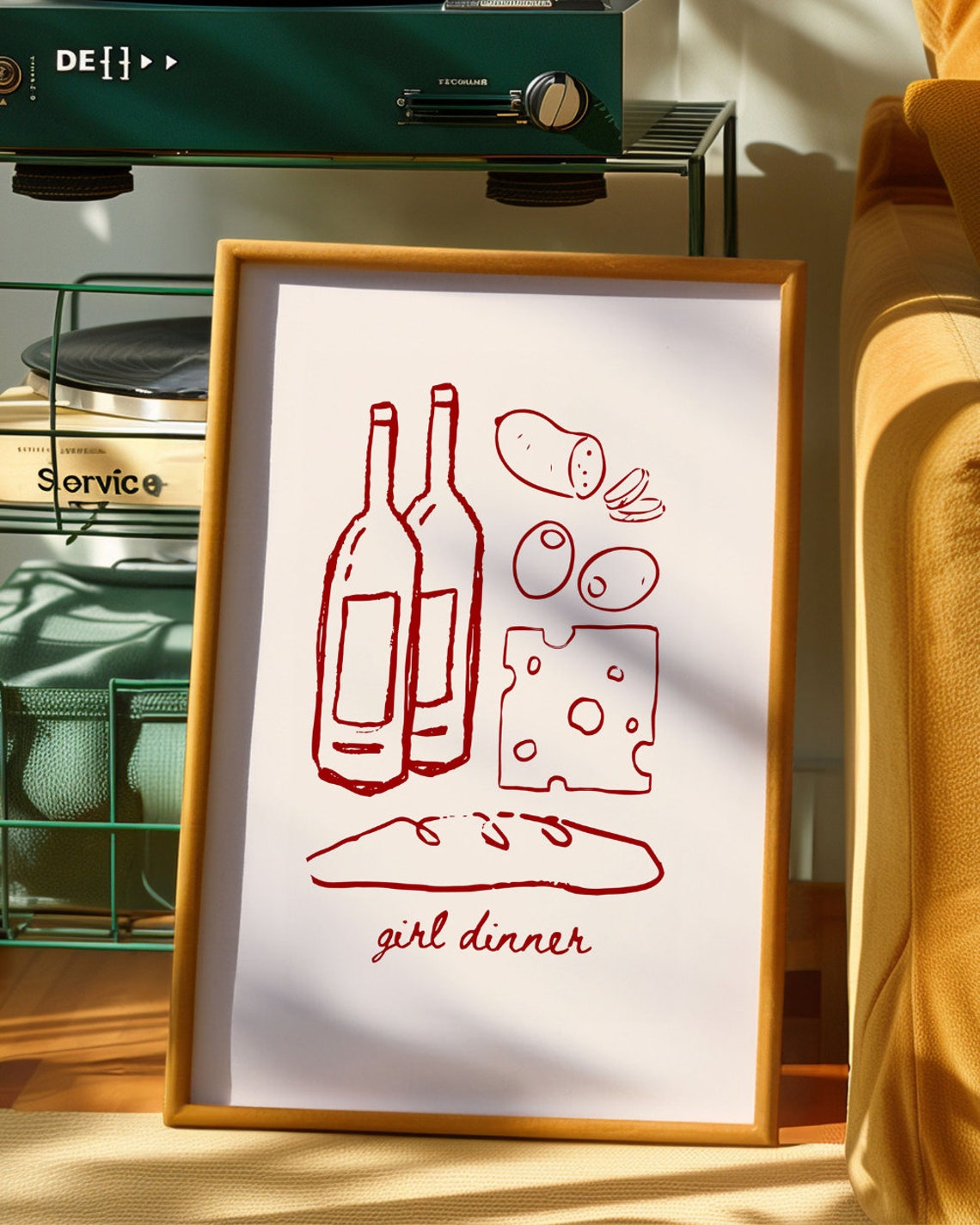 Girl Dinner Red Line Art Wine Bottles Cheese Kitchen Wall Poster - Image 4