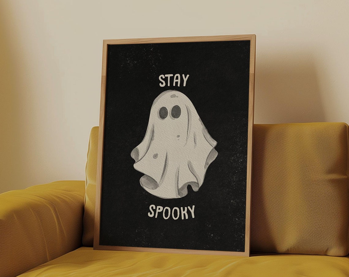 Stay Spooky Soft Watercolor Ghost on Black Background Halloween Poster