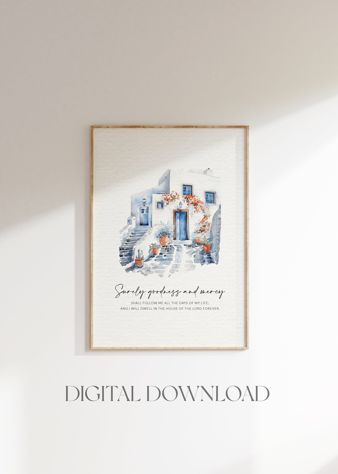 Psalm 23:6 Surely Goodness and Mercy Santorini Whitewashed Village Poster - Image 2
