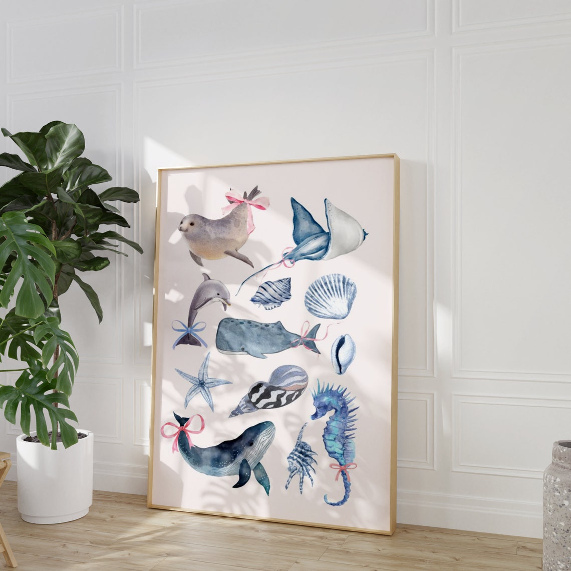 Cute Girly Sea Animal Bow Watercolor Vertical Coastal Wall Art - Image 3