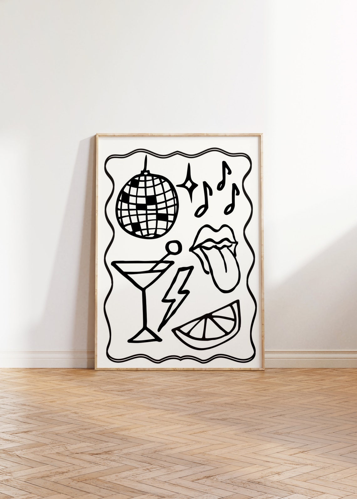 Disco Ball Martini Tongue Out Doodle Icons Black White Party Poster