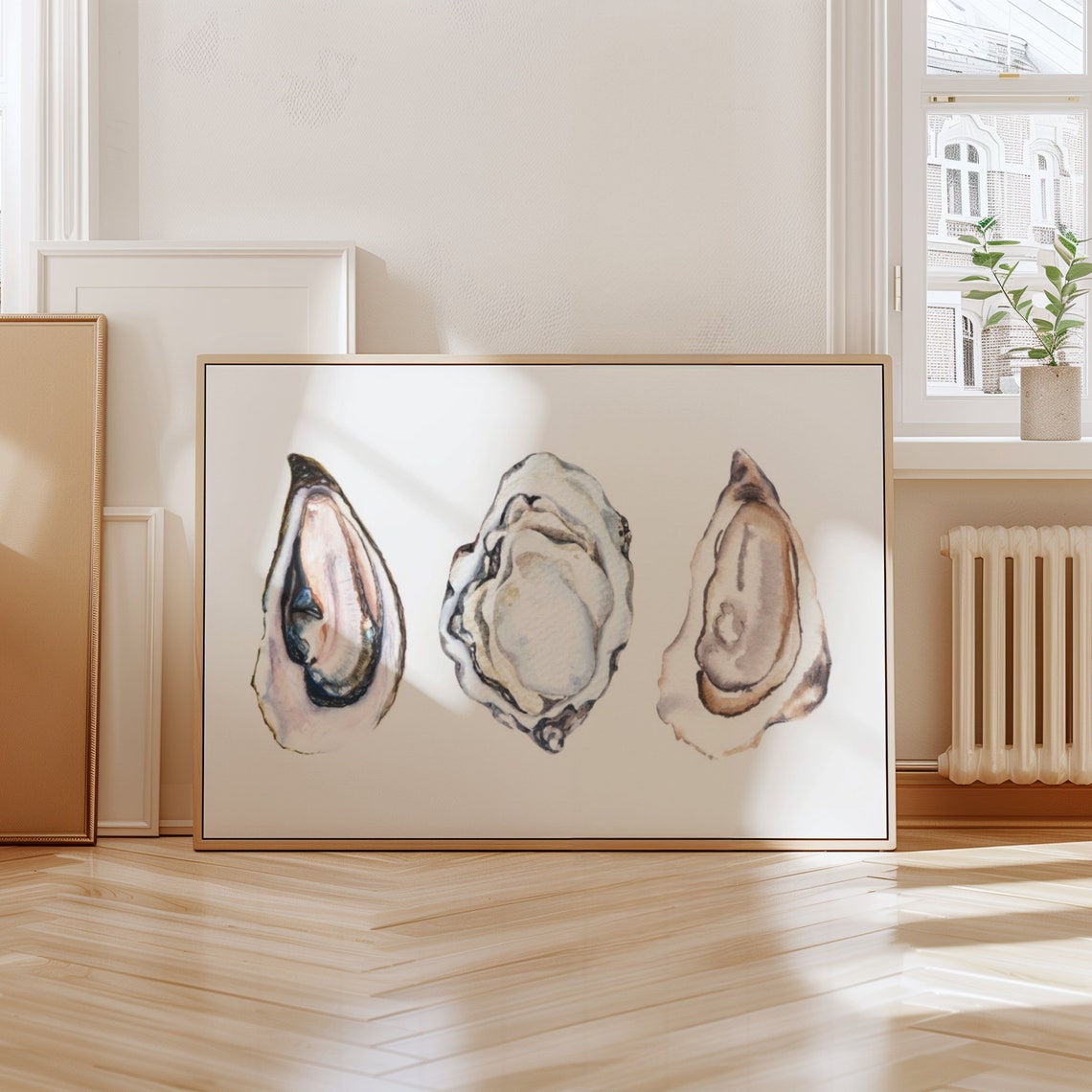 Three Oyster Shells Soft Watercolor Coastal Beach Kitchen Wall Art - Image 2