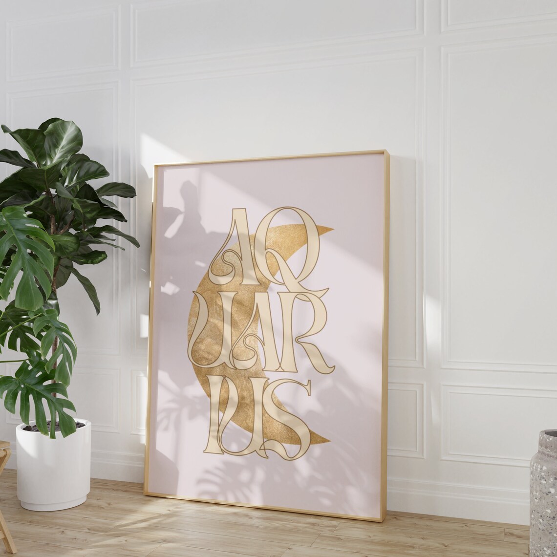 Aquarius Gold Crescent Moon Art Nouveau Blush Pink Zodiac Typography Poster - Image 5