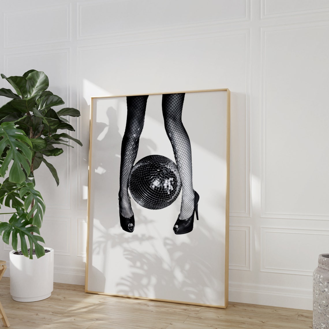 Disco Ball Between Fishnet Heels Black White Party Photo Wall Art - Image 6