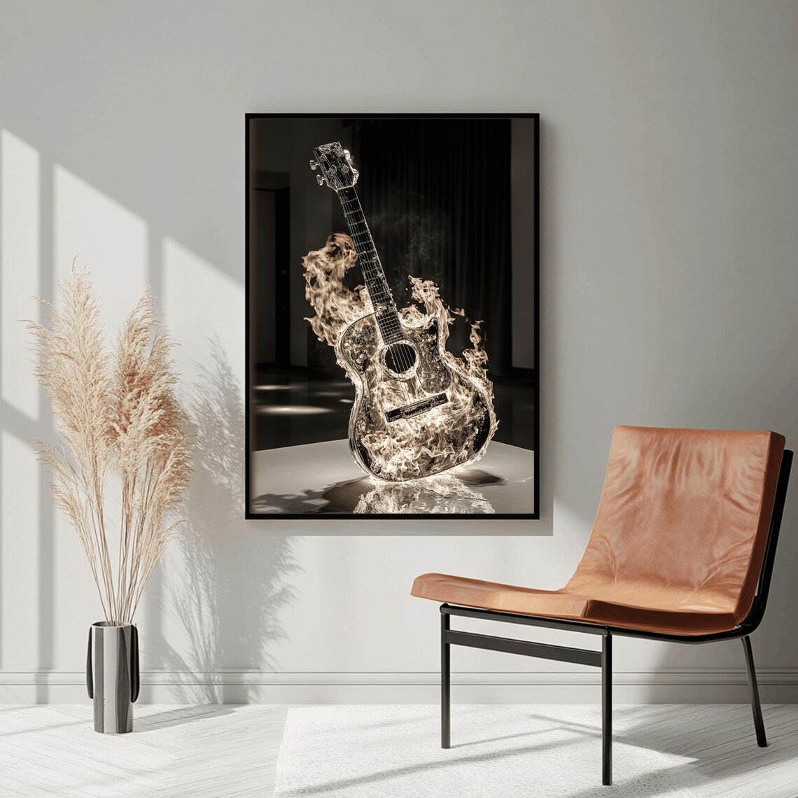 Acoustic Guitar Engulfed in Pale Flames Dark Stage Music Poster - Image 3