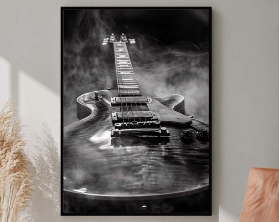 Electric Guitar Rising Through Smoke Black White Music Poster