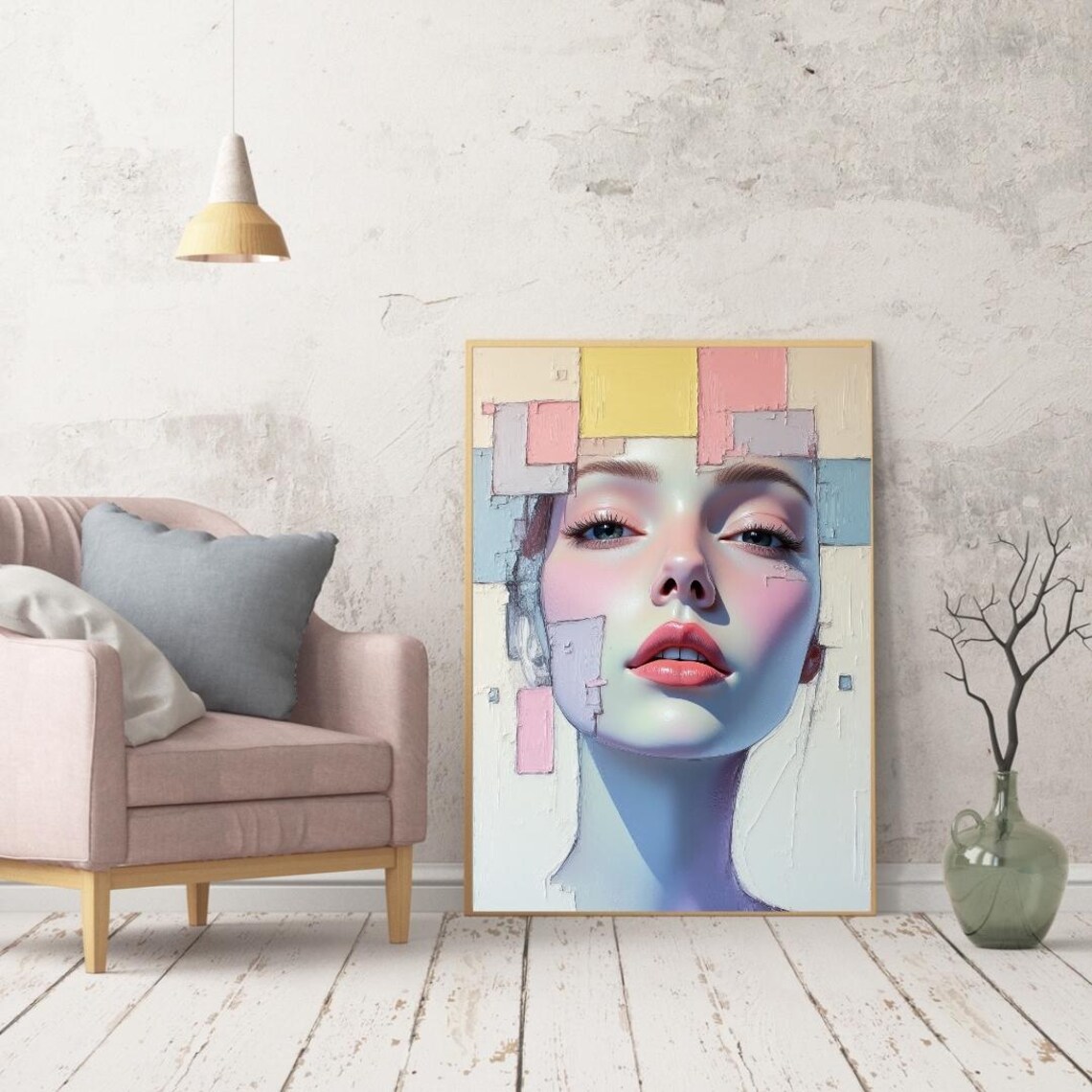 Ethereal Pastel Abstract Woman Portrait Print Surreal Textured Face Illustration Wall Art