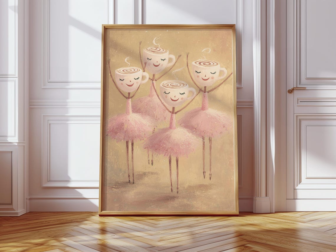 Cappuccino Cup Ballerina Dancers Whimsical Pink Coffee Art Poster