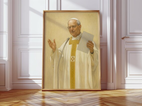Minimalist Catholic Priest Portrait Beige Gold Religious Art Poster