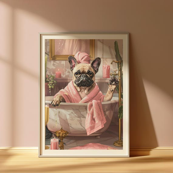 Funny French Bulldog Spa Day Print Pink Towel Bathroom Art Pdfjpeg Files