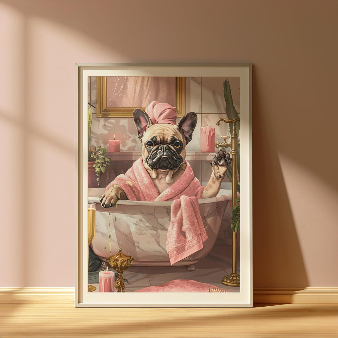 French Bulldog Spa Day Pink Bathrobe Bathtub Funny Bathroom Poster
