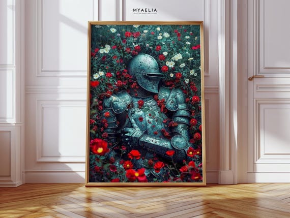 Fallen Knight Floral Armor Print Surreal Medieval Gothic Wall Art