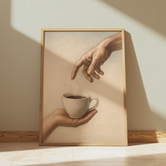 Michelangelo Coffee Art Print, Surreal Kitchen Decor