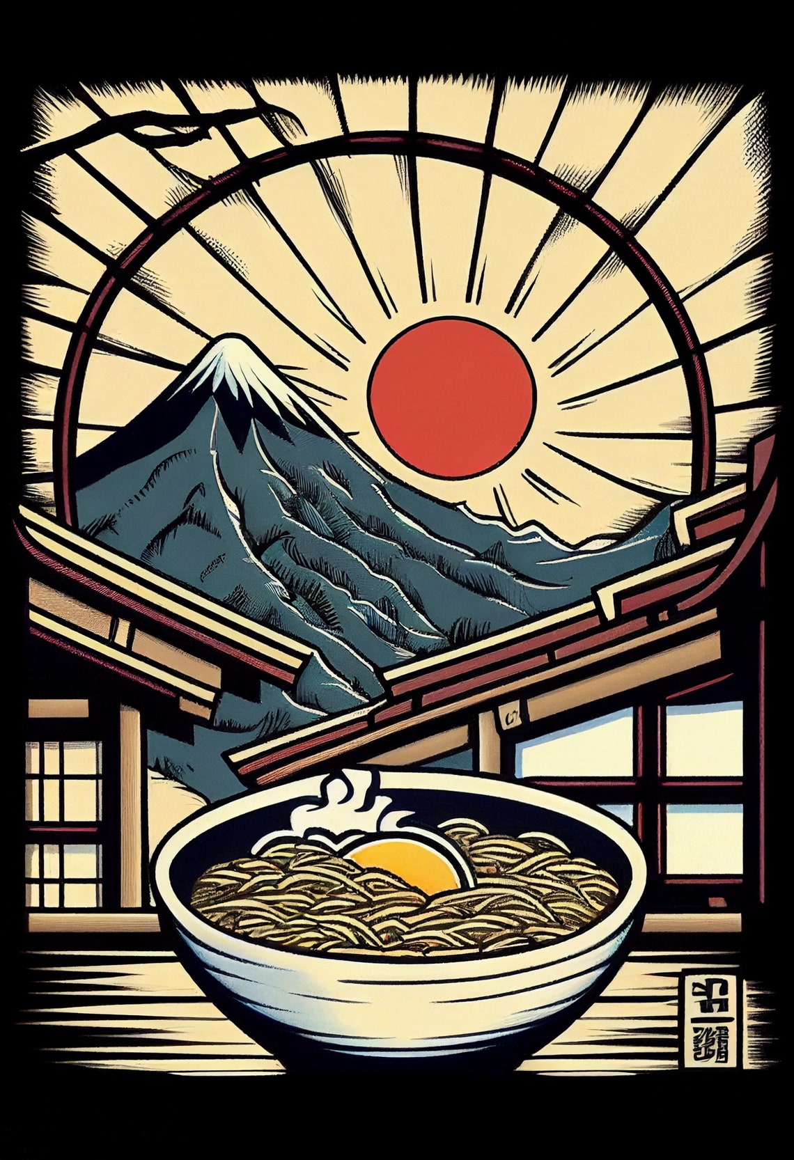 Ramen Bowl Mount Fuji Red Sun Japanese Woodblock Style Art Poster - Image 2