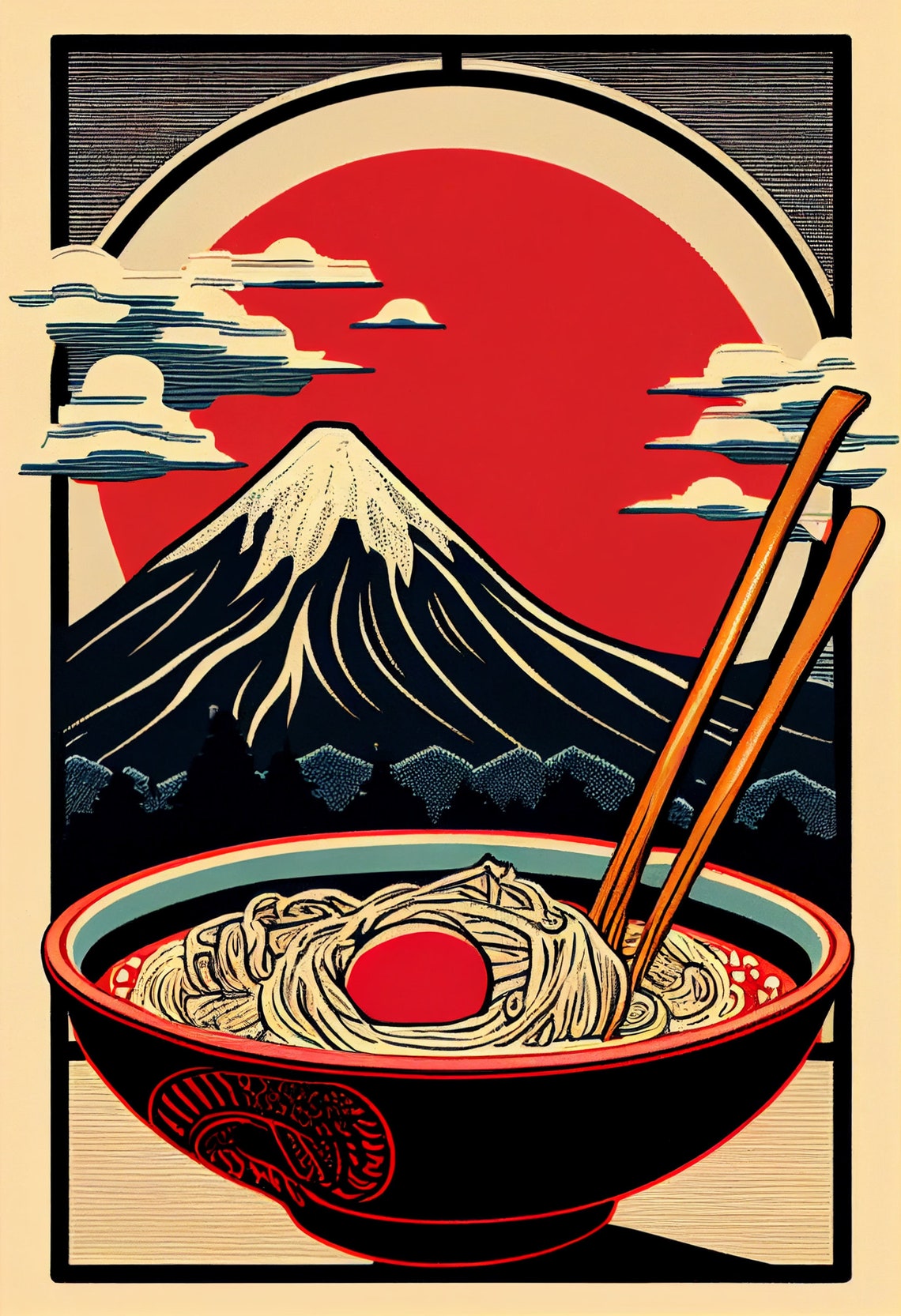 Retro Japanese Ramen Bowl Mount Fuji Red Sun Illustration Poster - Image 2