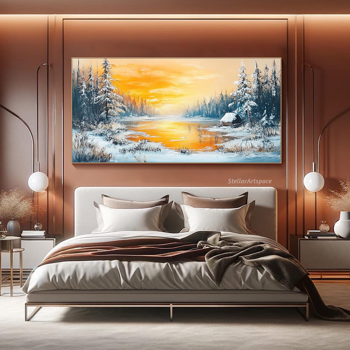 Winter Cabin Frozen Lake Sunset Snowy Pines Cozy Landscape Art Poster - Image 2