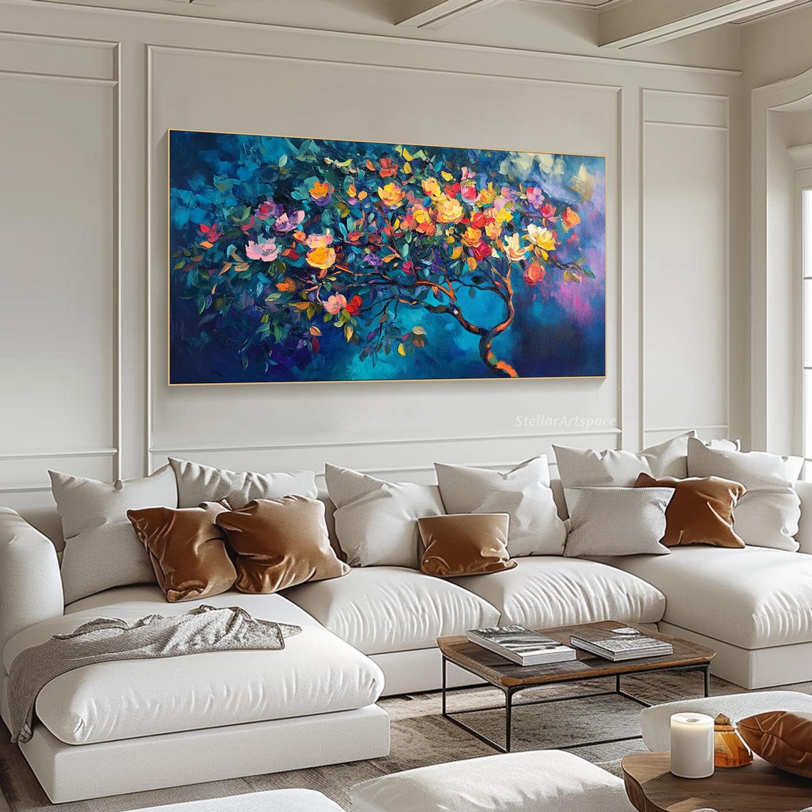 Blossom Tree Rainbow Flowers Teal Night Sky Impasto Art Poster - Image 6