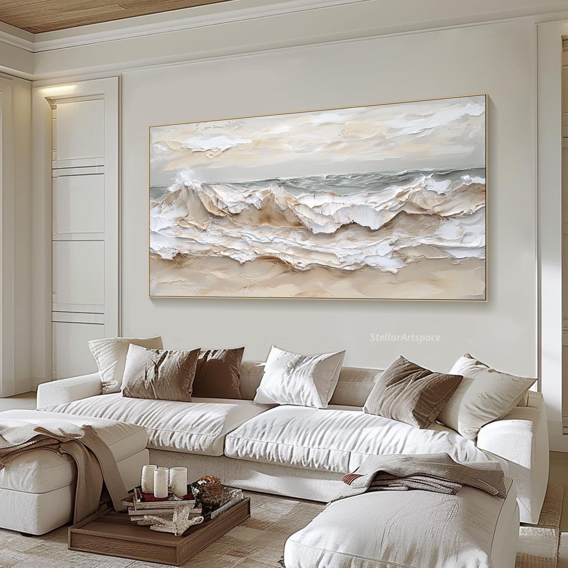 Neutral Ocean Waves Beige White Minimalist Coastal Impasto Art Poster - Image 2