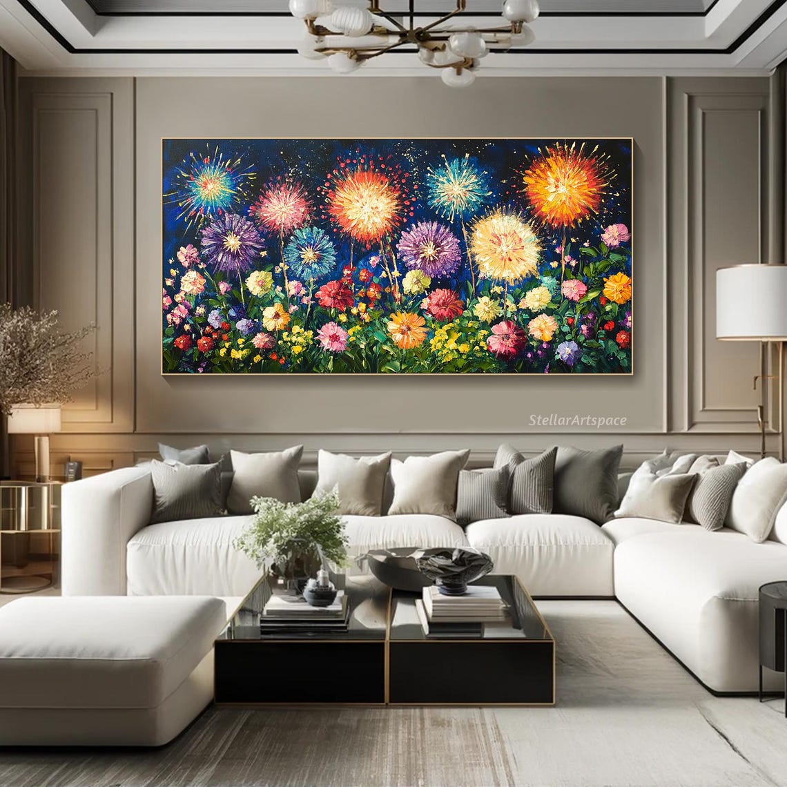Fireworks Over Colorful Flower Field Night Sky Celebration Poster - Image 4