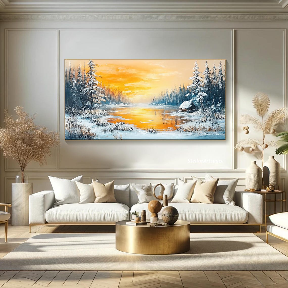 Winter Cabin Frozen Lake Sunset Snowy Pines Cozy Landscape Art Poster - Image 5