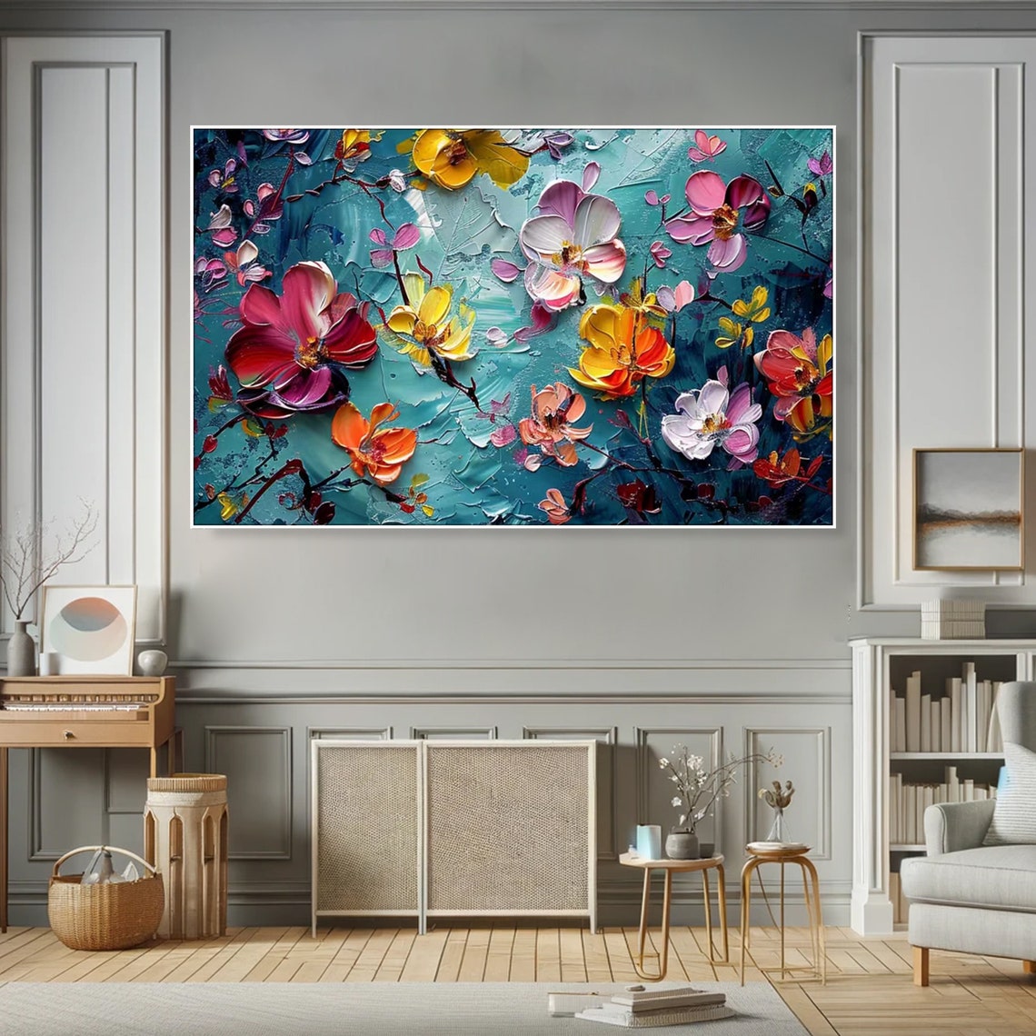 Vibrant Blossom Bouquet Pink Yellow Turquoise Impasto Floral Poster - Image 2