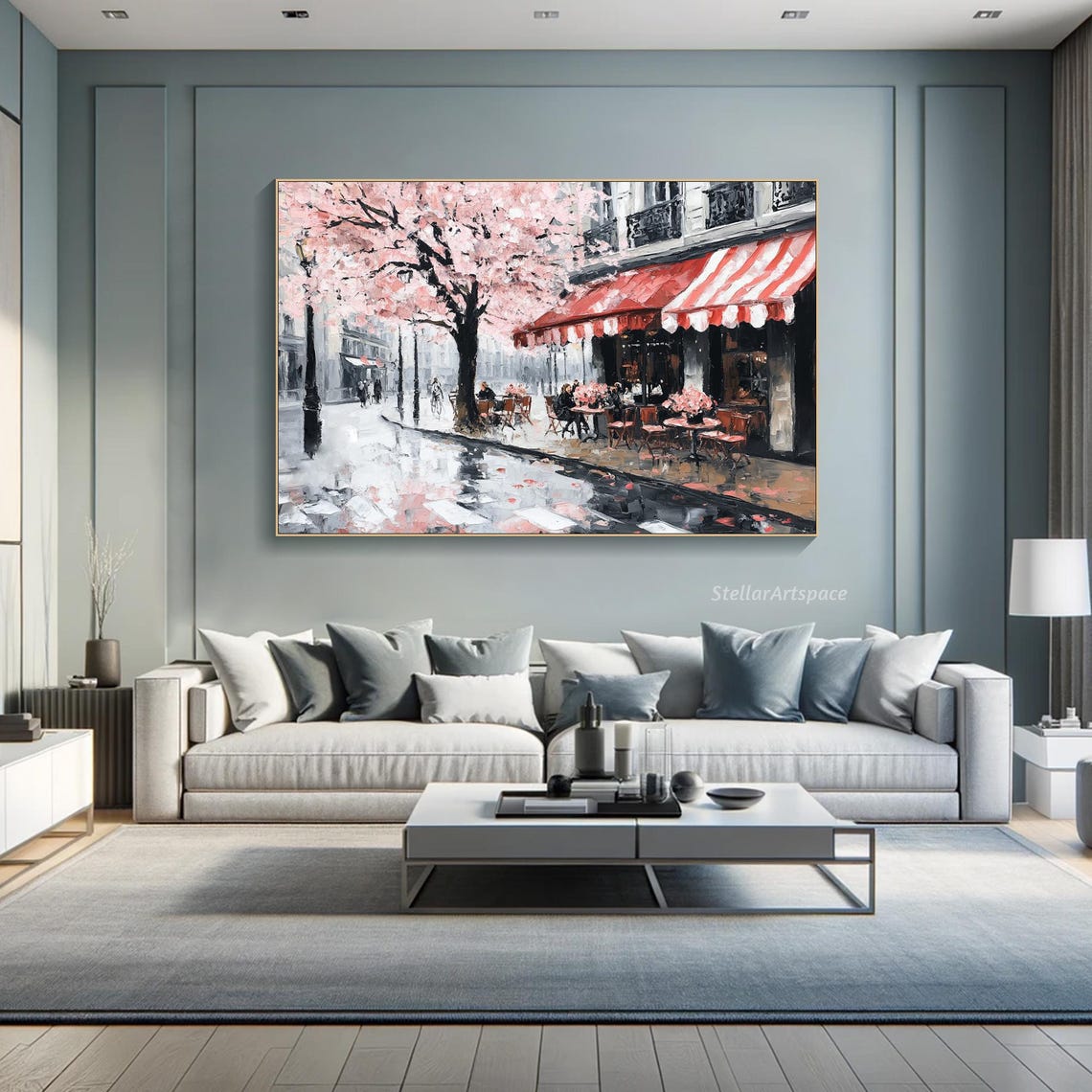 Paris Street Cafe Cherry Blossom Red Awning Rainy Day Travel Poster - Image 2