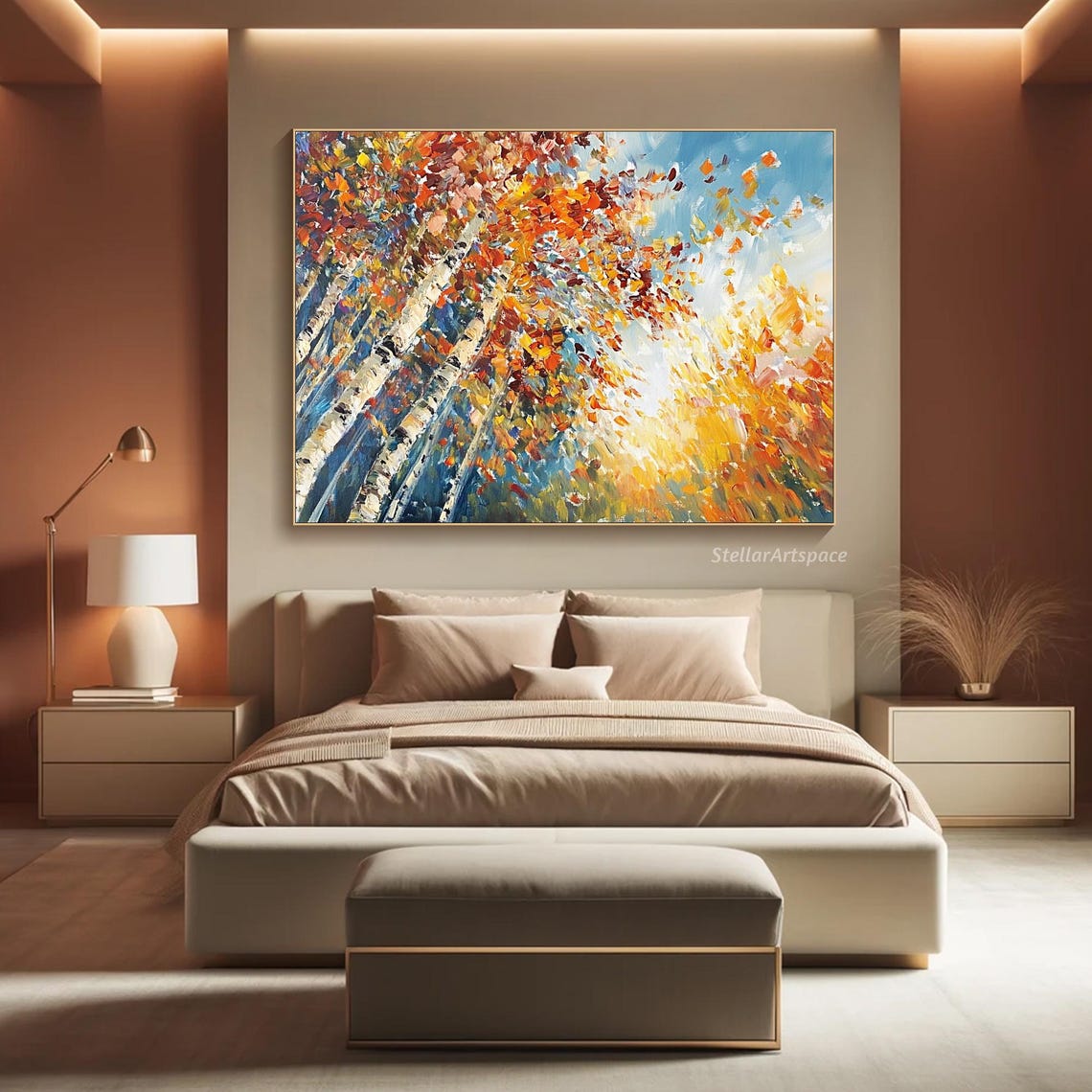 Autumn Birch Trees Orange Canopy Blue Sky Impasto Fall Art Poster - Image 4