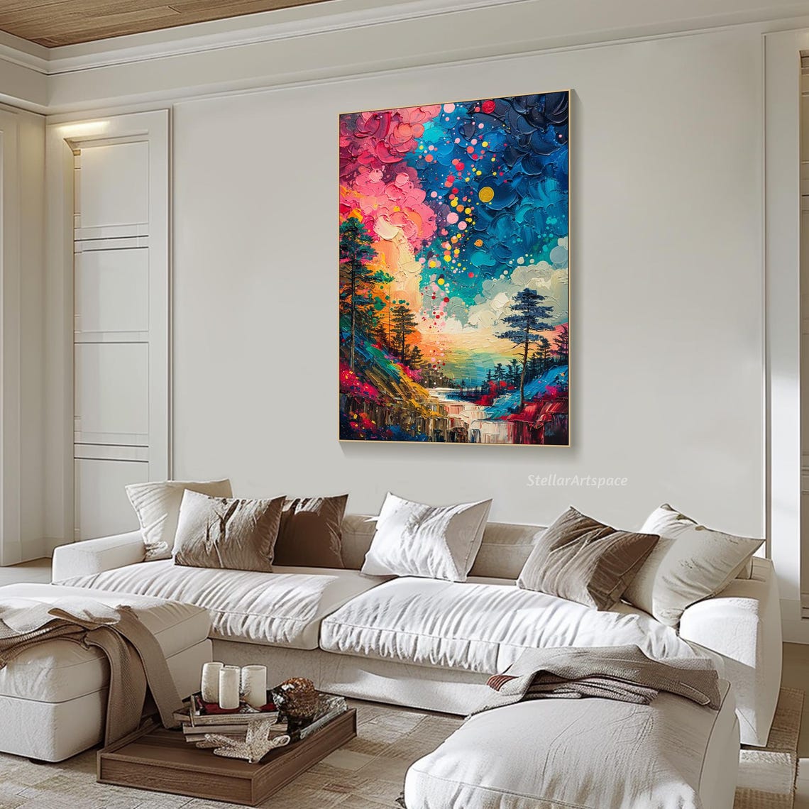 Starry Night Forest Waterfall Colorful Dots Sky Impasto Art Print - Image 3