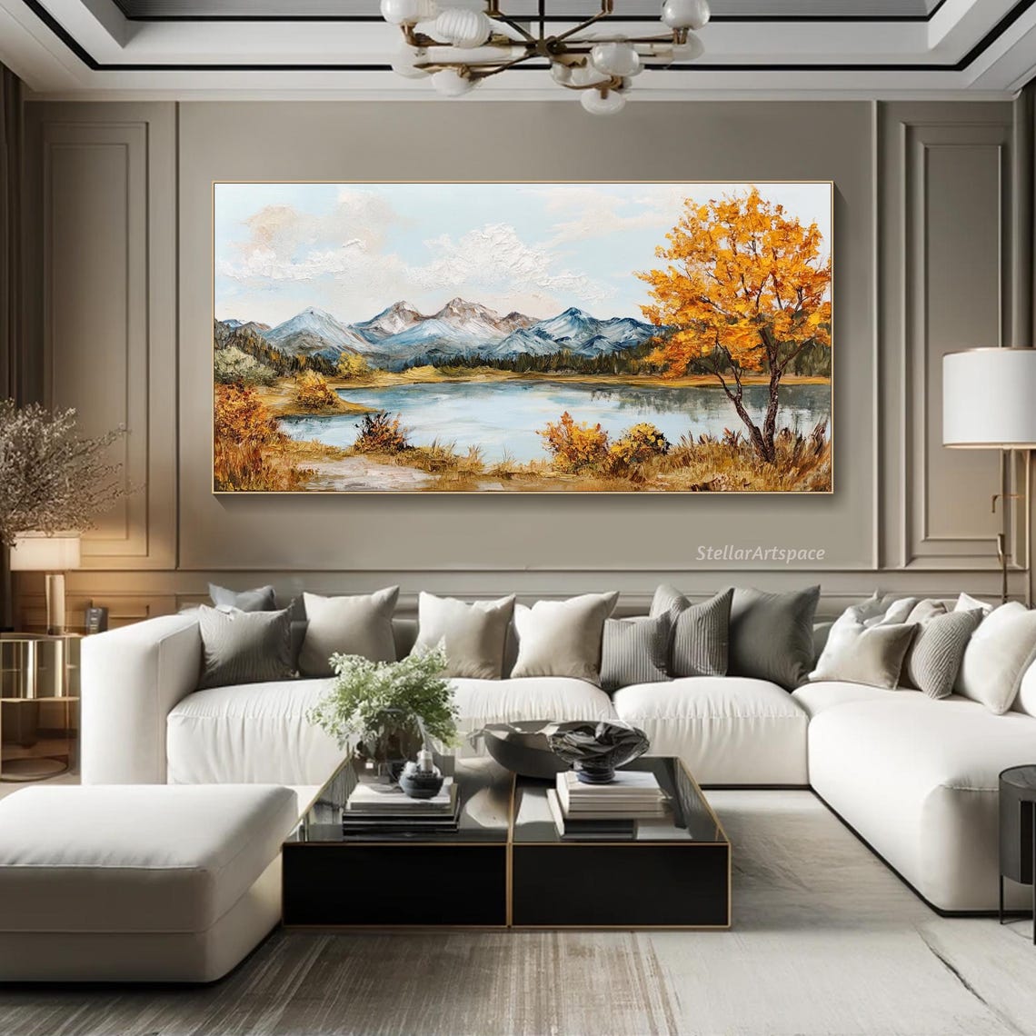 Autumn Mountain Lake Snow Capped Peaks Golden Fall Foliage Art Poster - Image 3