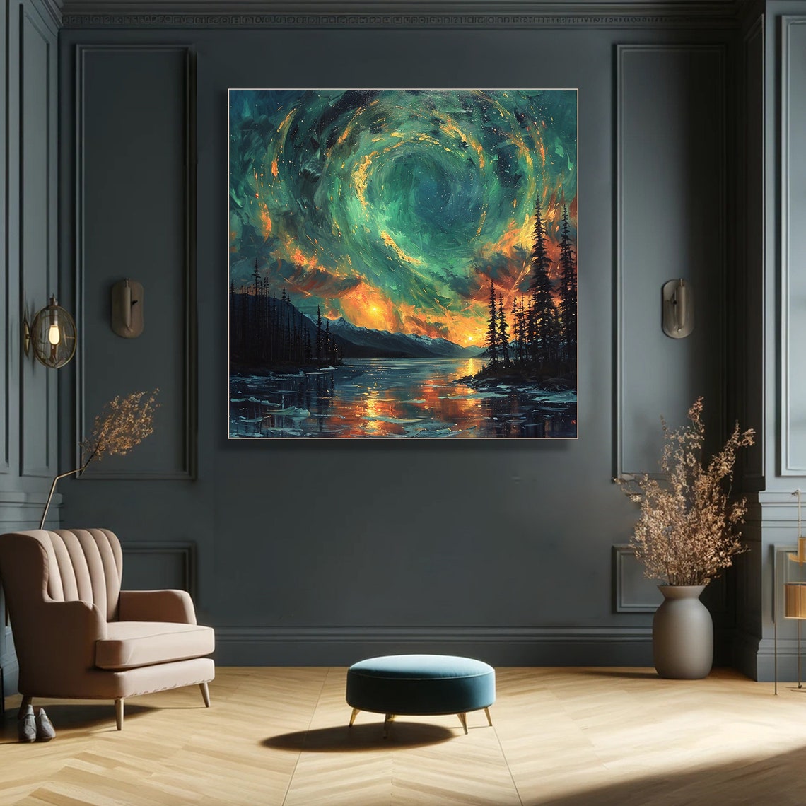 Northern Lights Aurora Night Sky Pine Lake Reflection Art Poster - Image 6
