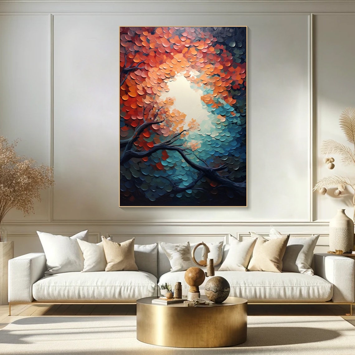 Autumn Trees Red Teal Canopy Dark Branches Bold Texture Art Poster - Image 2