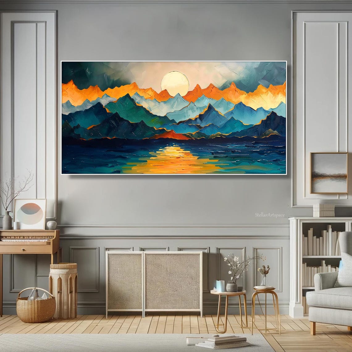 Layered Mountain Sunset Reflection Textured Abstract Landscape Poster - Image 6