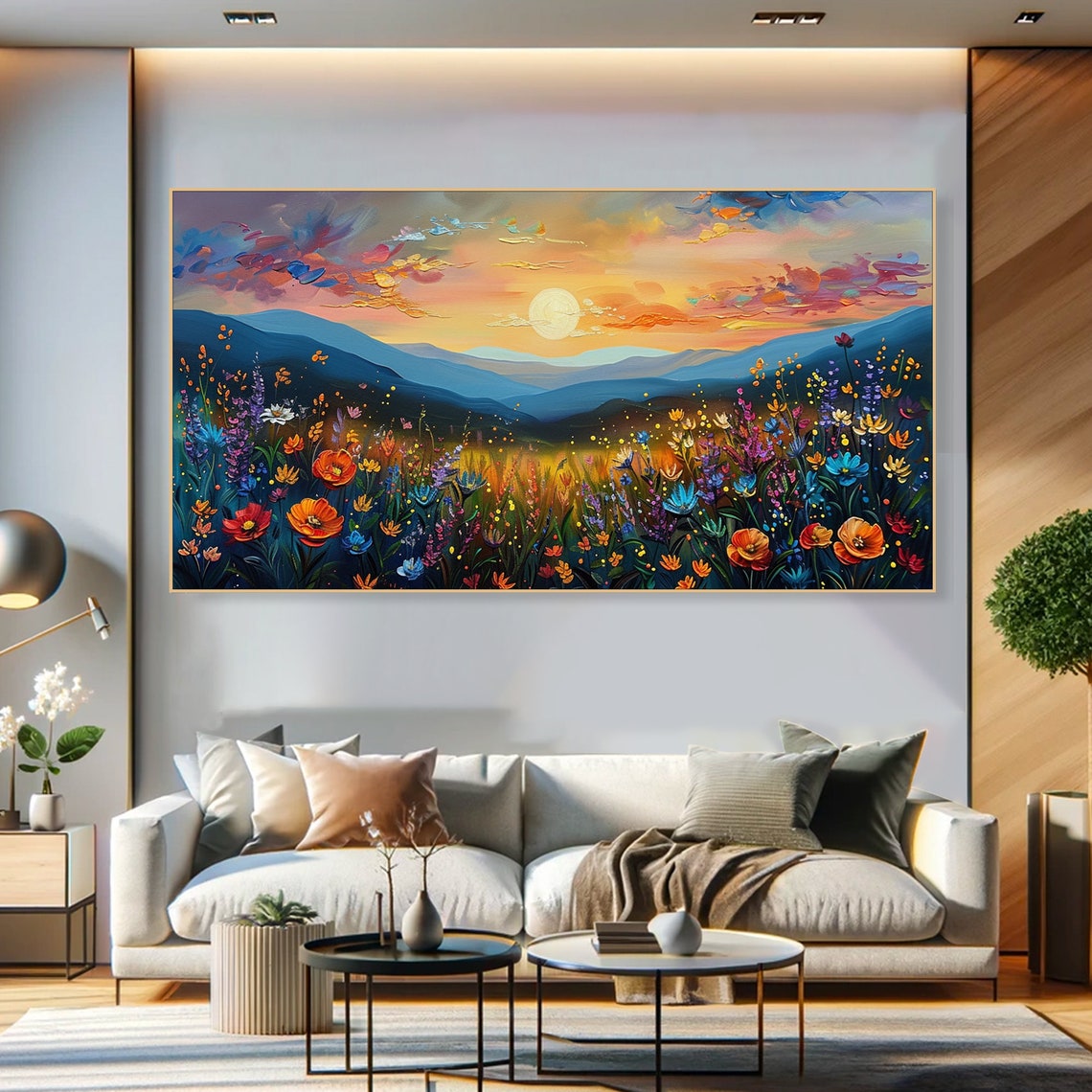 Colorful Flowers Under Gold Sun Scenic Landscape Oil Painting Colorful Wildflowers Art Large Wall Art Living Room Decor Nature Inspired Art - Image 6
