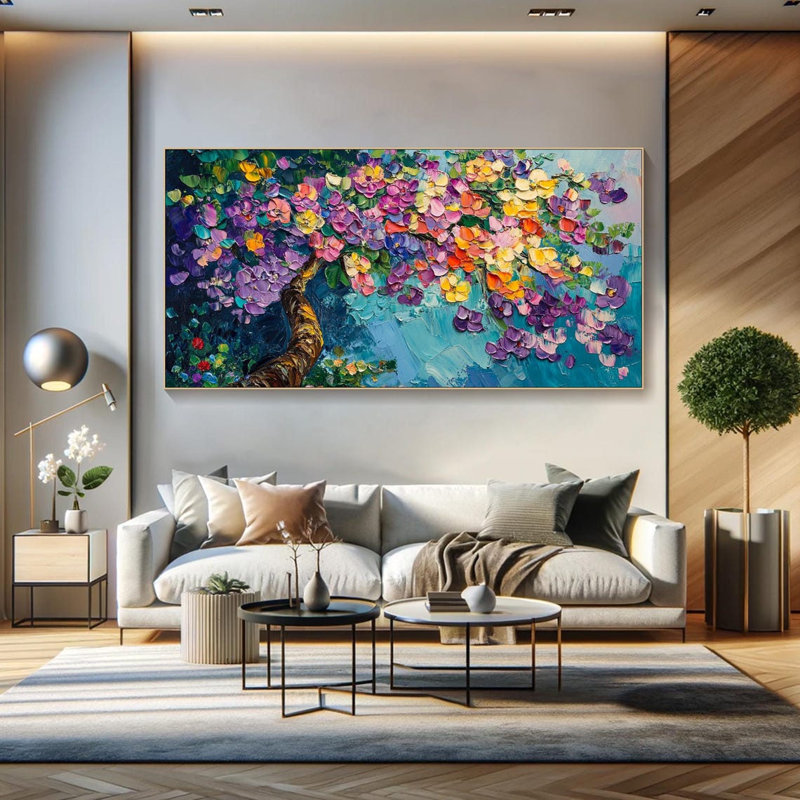 Flowering Tree Branch Colorful Blossoms Turquoise Impasto Art Poster - Image 4