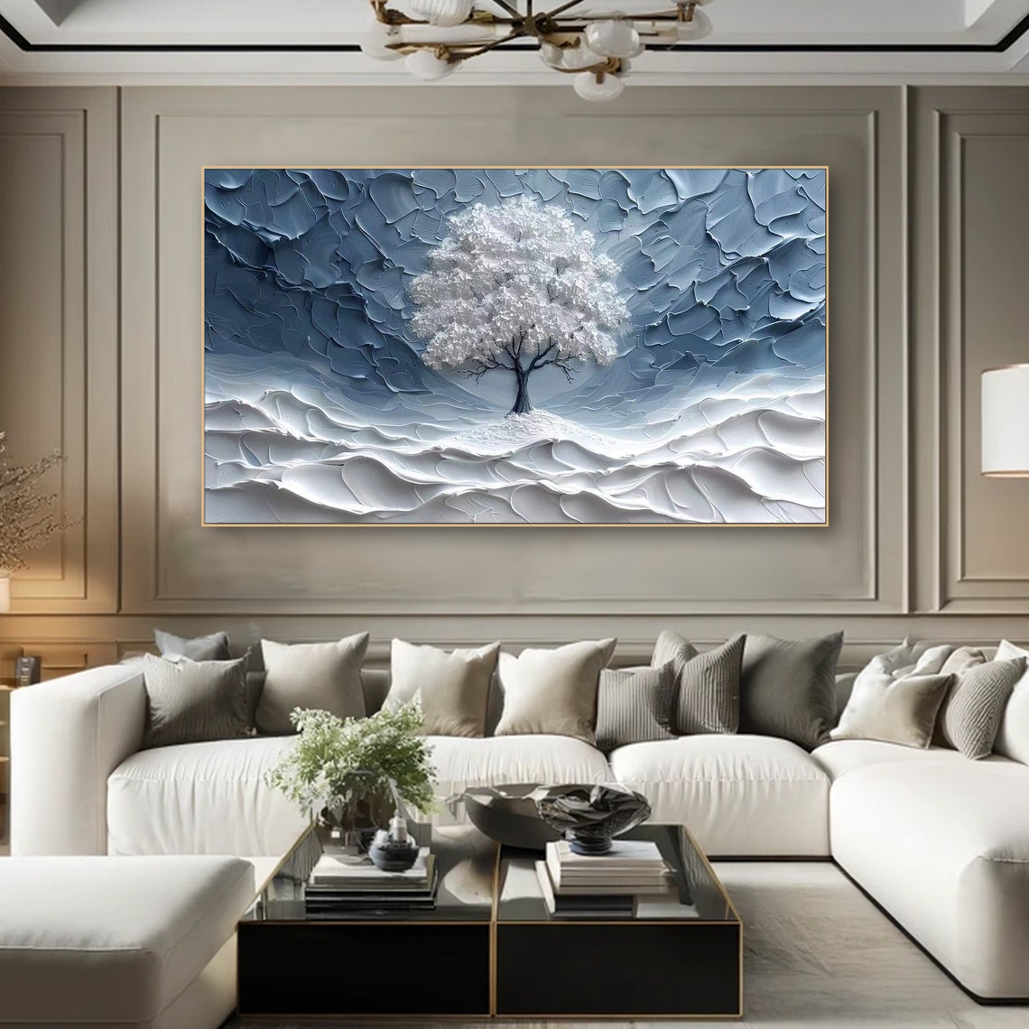Mystical White Blossom Tree Silver Blue Textured Abstract Poster - Image 4