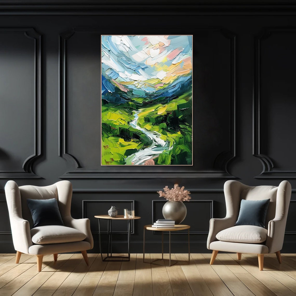 Winding Stream Green Hills Bright Cloudy Sky Impasto Landscape Poster - Image 4