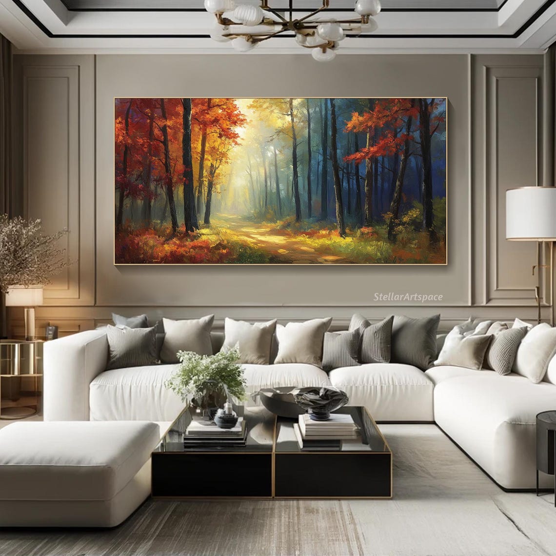 Sunlit Autumn Forest Path Golden Light Red Foliage Landscape Poster - Image 2