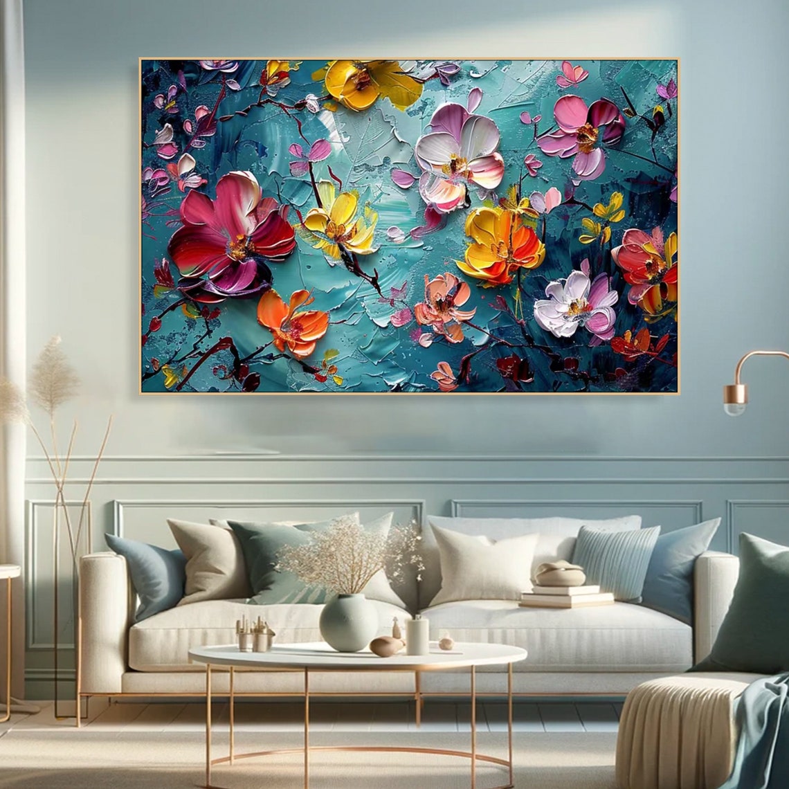 Vibrant Blossom Bouquet Pink Yellow Turquoise Impasto Floral Poster - Image 3