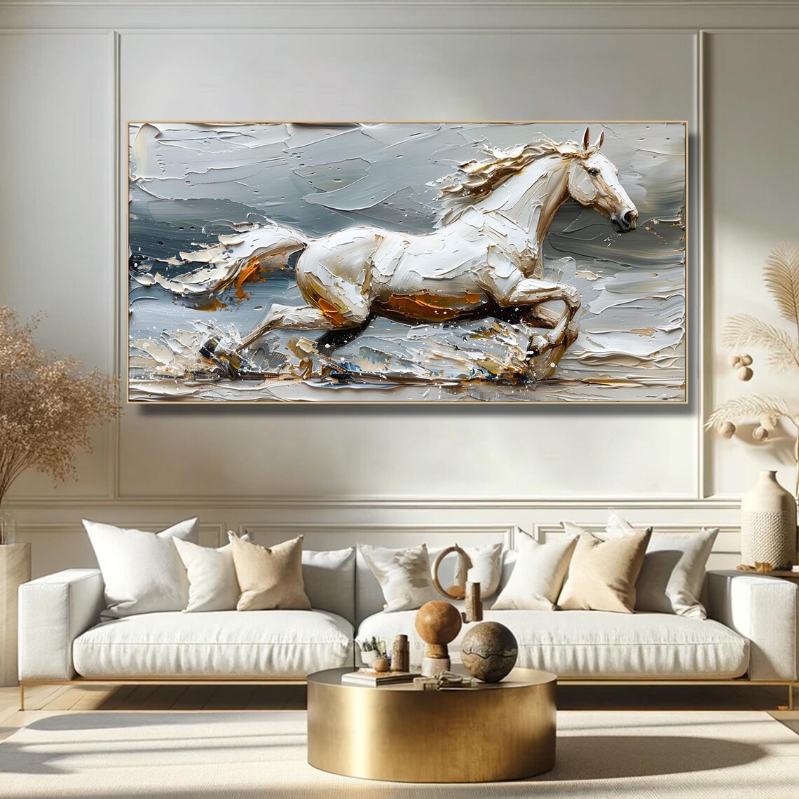 White Horse Galloping Gray Gold Impasto Textured Painting Wall Art - Image 5