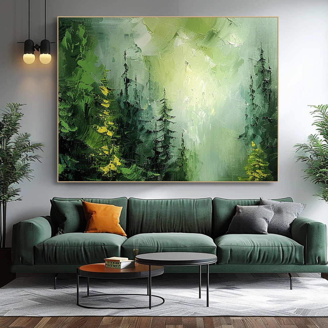 Misty Green Pine Forest Sunlight Textured Impasto Oil Art Print - Image 6