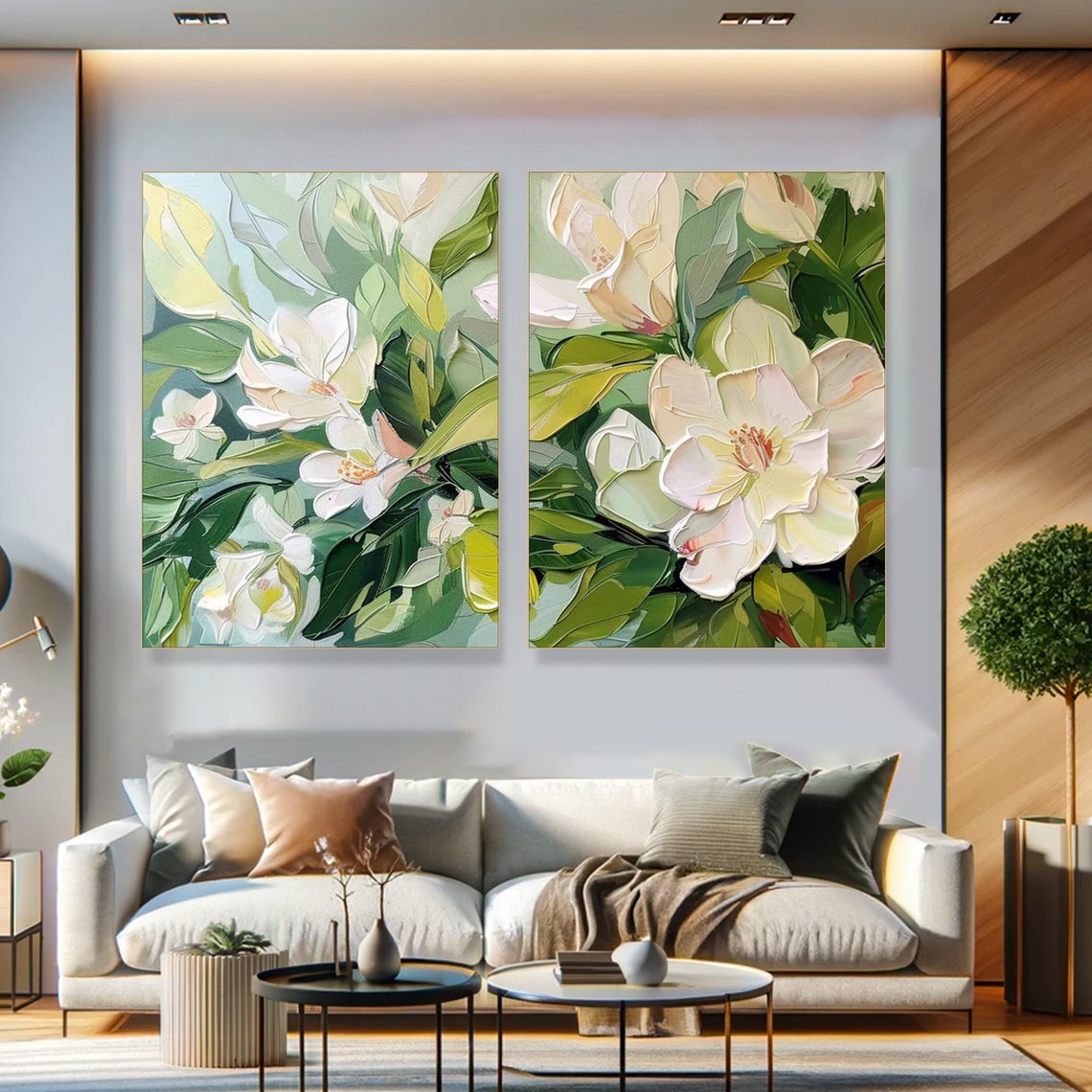 White Flower Blossoms Green Leaves Diptych Textured Floral Poster - Image 2
