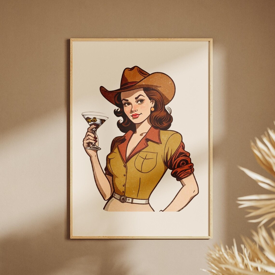 Vintage Pin Up Cowgirl with Martini Retro Western Art Wall Poster