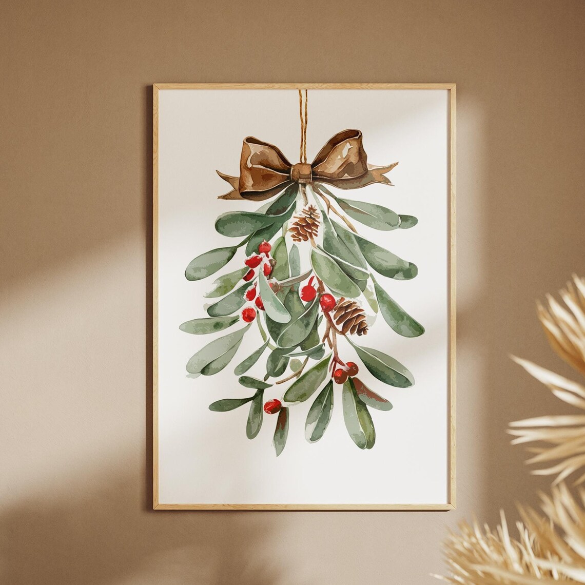 Rustic Watercolor Mistletoe with Brown Bow Farmhouse Christmas Poster