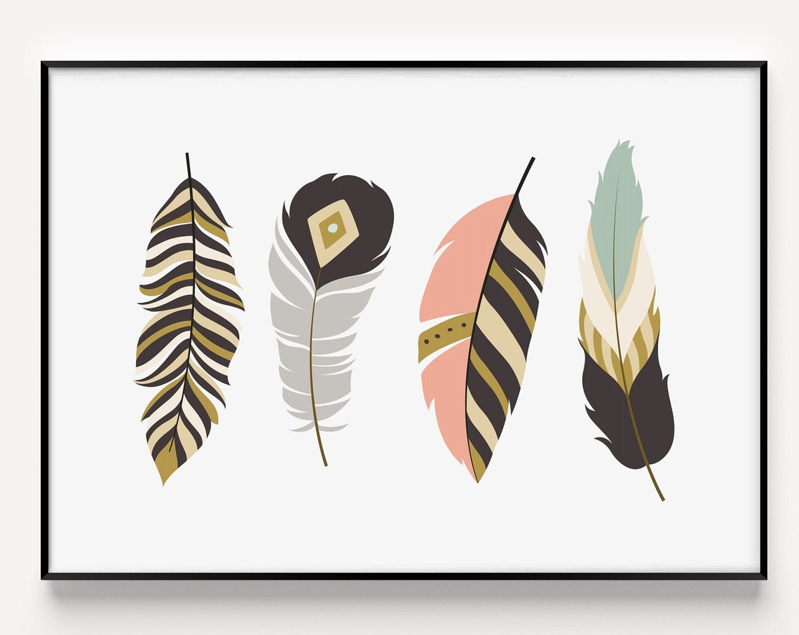 Four Boho Feathers Blush Gold Gray Minimalist Art Wall Poster