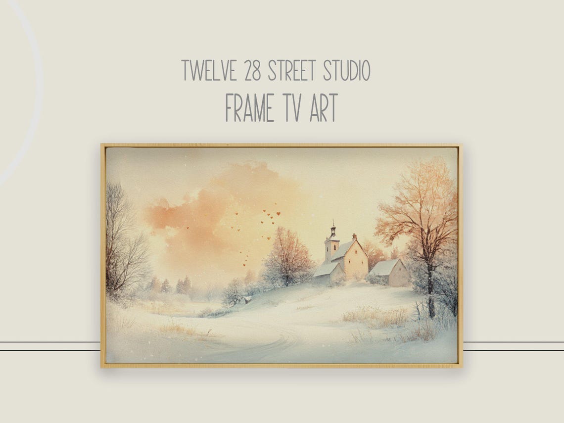 Snowy Church Hill Peach Watercolor Sky Floating Hearts Winter Poster